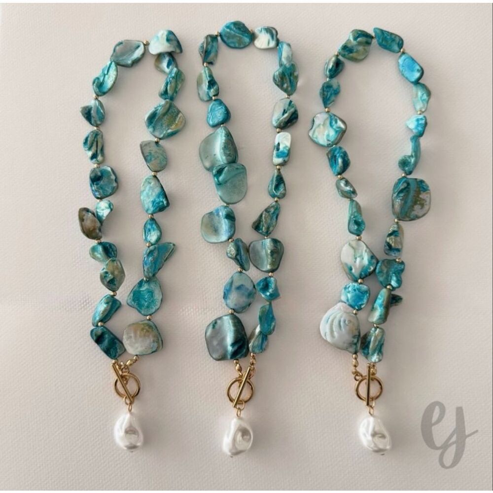 Calypso Blue Shell Necklace, Faux Pearl Drop - Picture 3 of 6